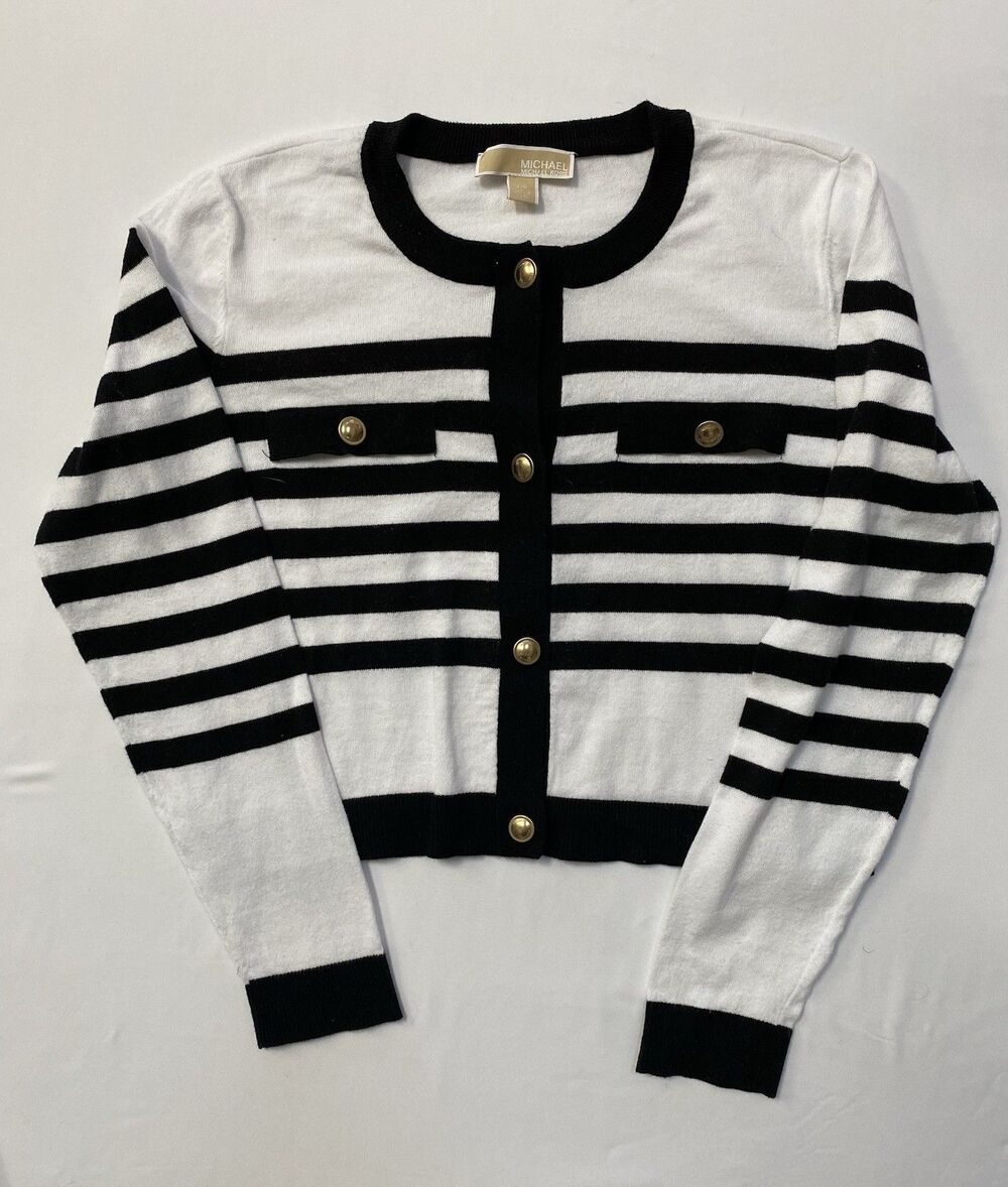 Michael Kors Striped Button-Front Cardigan Sweater - Large